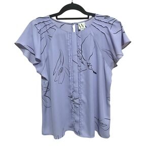 Worthington Blouse Floral Print Flutter Sleeve Career Top Purple‎ Petite M